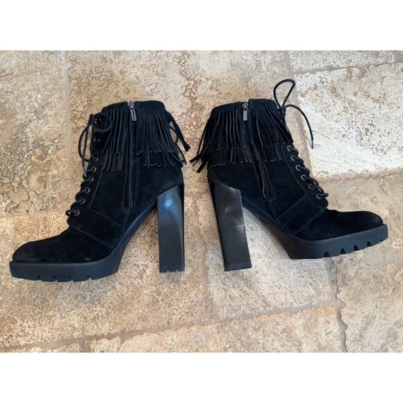 Kenneth Cole Black Fringe Lace-Up Heeled Boots Size 10 - Picture 2 of 11